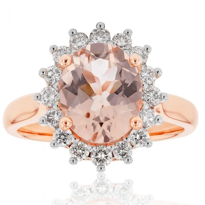 Dainty Floral Jewelry For Feminine Elegance 9ct Rose Gold 2.30 Carat Morganite and 1/2 Carat Diamond Ring Dainty Floral Jewelry For Feminine Elegance 9ct Rose Gold 2.30 Carat Morganite and 1/2 Carat Diamond Ring