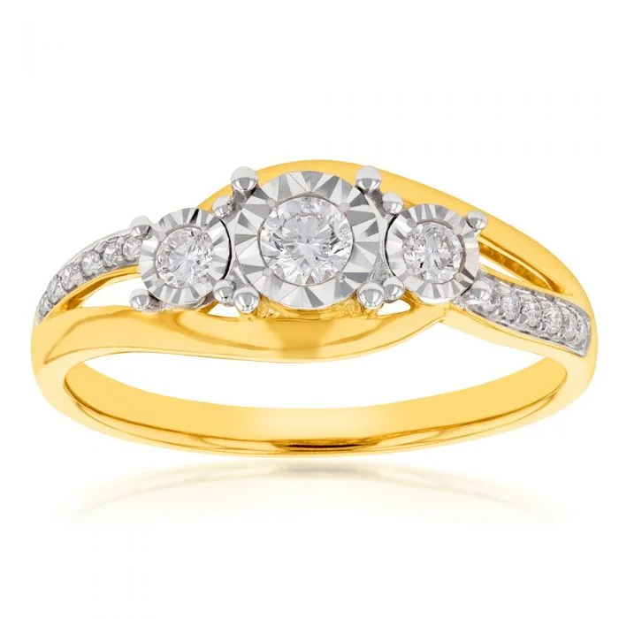 9ct Yellow Gold 1/4 Carat Diamond Trilogy Ring both