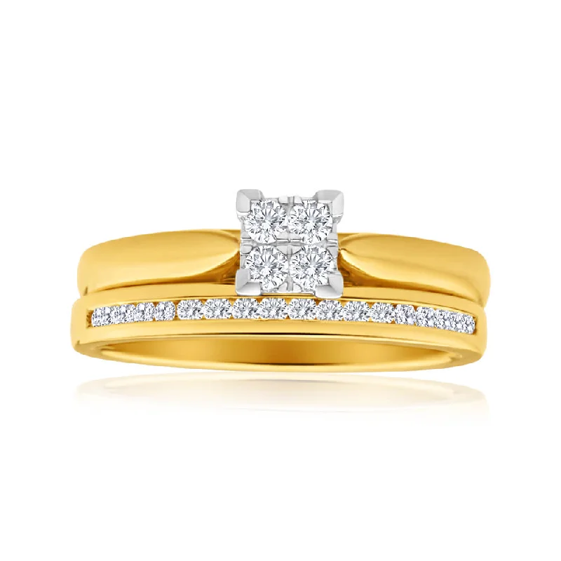 Glamorous Jewelry, Glamorous Deals – Shop Now 9ct Yellow Gold 2 Ring Bridal Set With 22 Diamonds Totalling 0.25 Carats