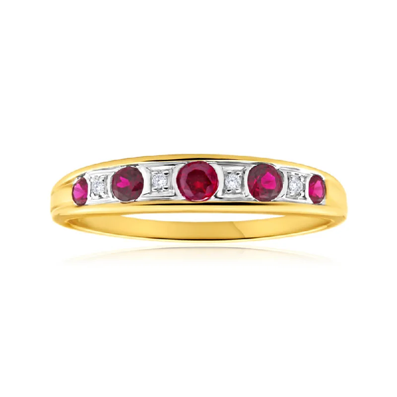 9ct Yellow Gold Created Ruby + Diamond Graduated Ring