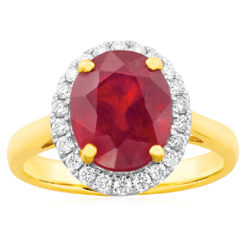 9ct Yellow Gold Diamond + Natural Enhanced/Heat Treated Ruby Ring