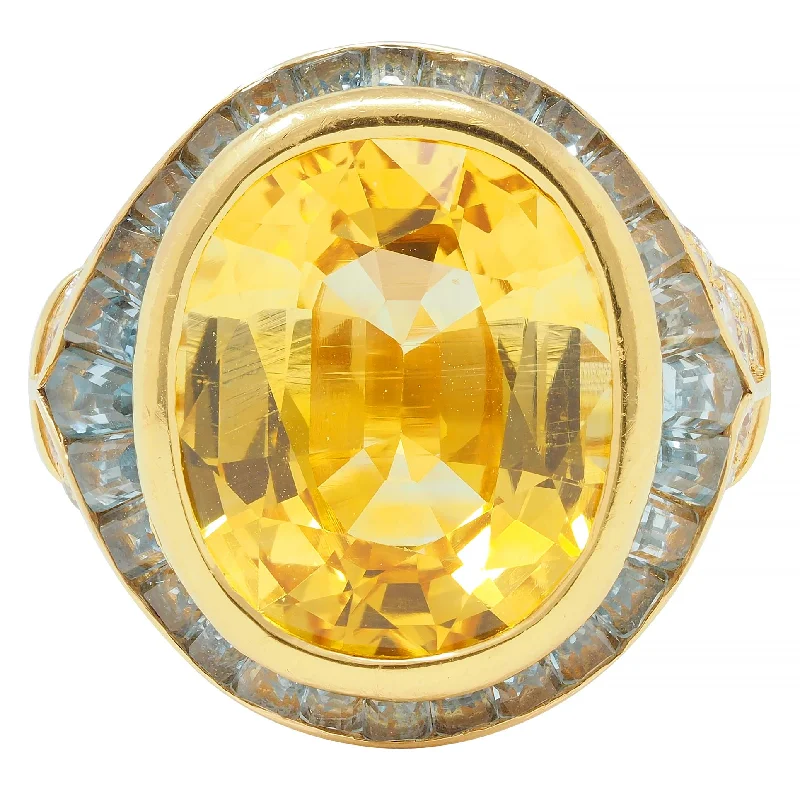 Premium Diamond Jewelry For Unforgettable Moments Bulgari Vintage 13.20 CTW Yellow Sapphire Aquamarine Diamond 18 Karat Gold Ballerina Halo Ring