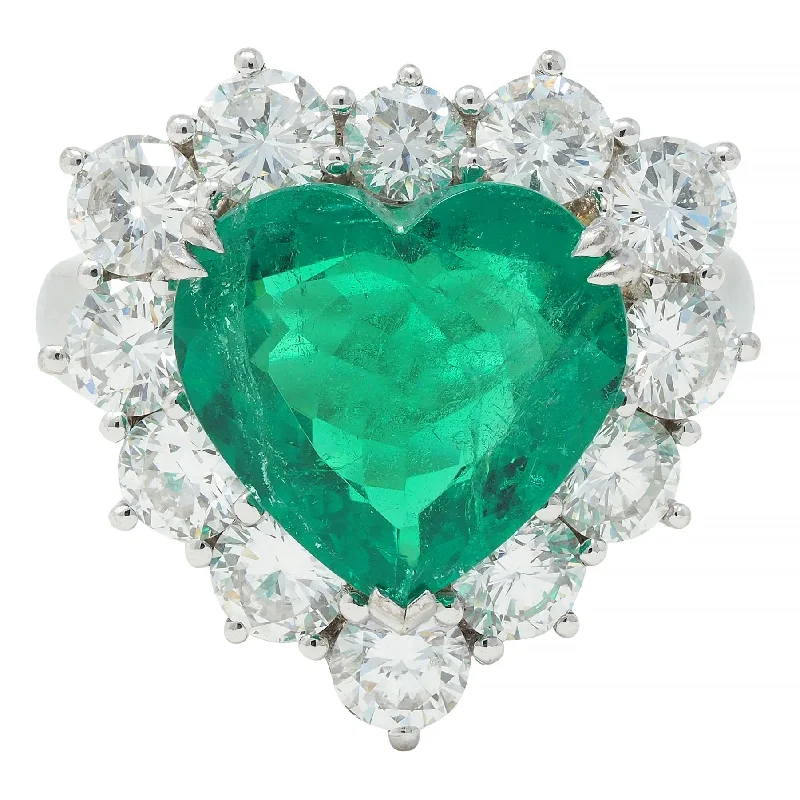 Contemporary 7.00 CTW Colombian Emerald Diamond 18 Karat White Gold Heart Halo Ring AGL