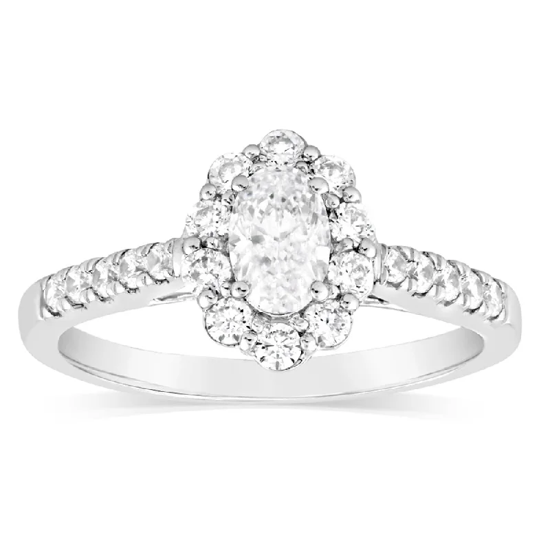 Luminesce Lab Grown Cross 1 Carat Diamond Solitaire Fancy Ring with 1/2Carat Central Oval Cut in 14ct White Gold