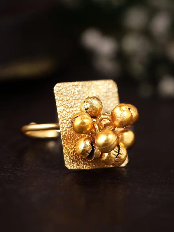 Rubans 24K Gold Plated Handcrafted  Ring With Square Design And Golden Beads