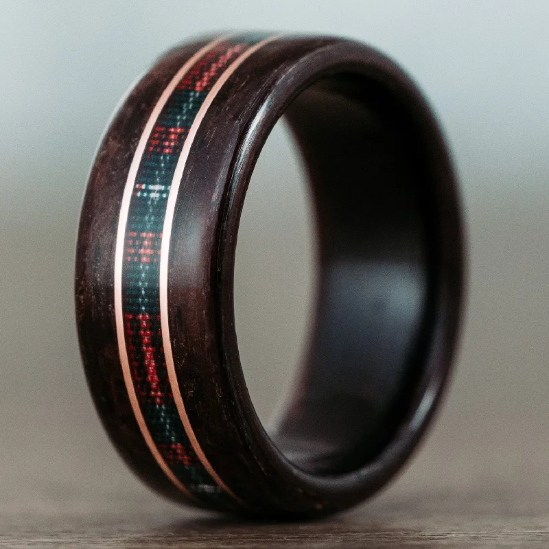 Handmade Pearl Jewelry For Timeless Elegance (In-Stock) The MacGregor Tartan Wood Wedding Band with 14k Rose Gold Inlays - Size 10.25 | 9mm Wide Handmade Pearl Jewelry For Timeless Elegance (In-Stock) The MacGregor Tartan Wood Wedding Band with 14k Rose Gold Inlays - Size 10.25 | 9mm Wide