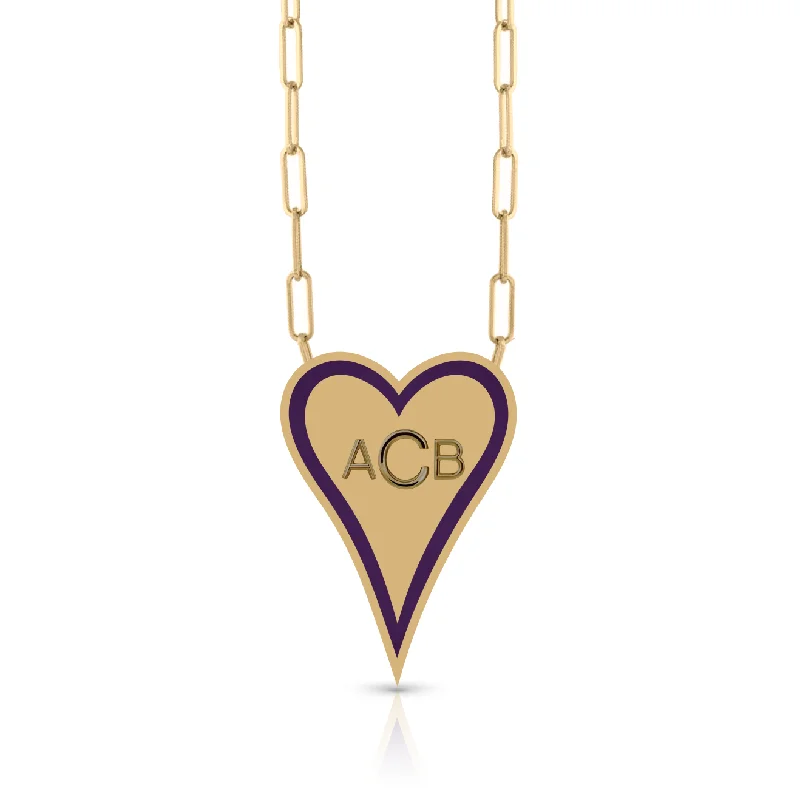 Enamel Outline Elongated Heart + Initials PaperClip Necklace