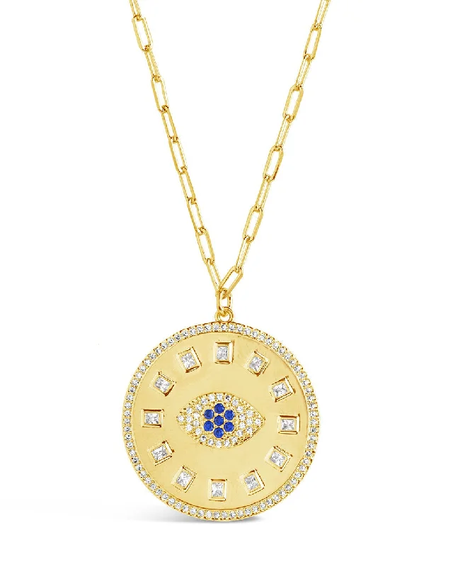 Evil Eye CZ Sun Dial Coin Pendant Necklace