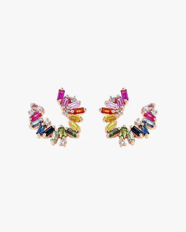 Bold Burst Rainbow Sapphire Sideways Mini Hoops