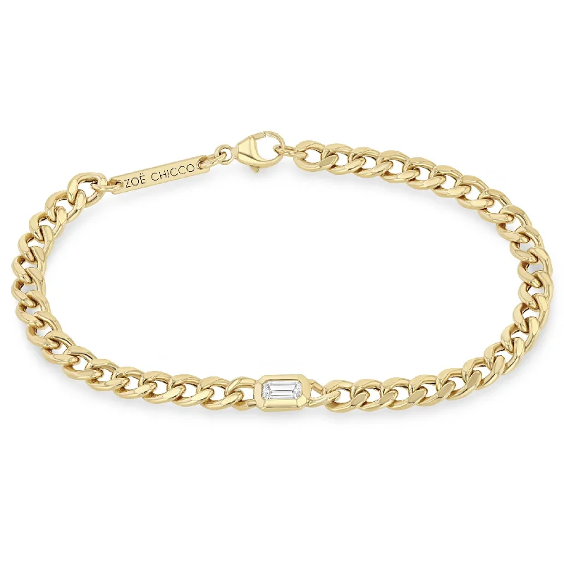 14k Emerald Cut Diamond Medium Curb Chain Bracelet