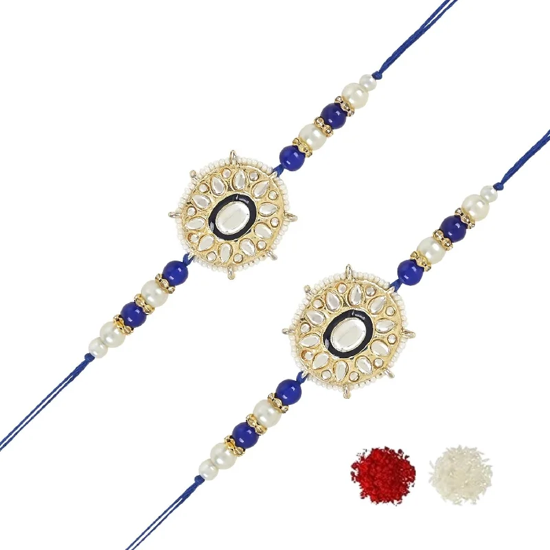 Shop Dazzling Jewelry At The Best Prices Etnico I Jewels Pearl & Kundan Designer Bhaiya Rakhi With Roli Chawal for Brother/Bro/Men with Rakshabandhan Card (R105Bl-2) (Pack of 2)