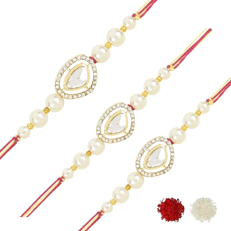 Fashion-Forward Jewelry At Incredible Prices Etnico I Jewels Pearl & Kundan Designer Bhaiya Rakhi With Roli Chawal for Brother/Bro/Men with Rakshabandhan Card (R107W-3)(Pack of 3)