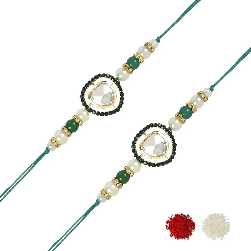 High-Quality Jewelry At A Fraction Of The Cost Etnico I Jewels Pearl & Kundan Designer Bhaiya Rakhi With Roli Chawal for Brother/Bro/Men with Rakshabandhan Card (R109G-2) (Pack of 2)