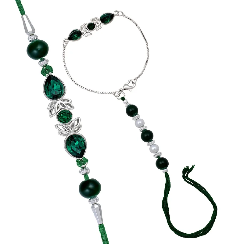 Exclusive Jewelry Bundles At Discounted Rates Mahi Green Crystal Lumba and Brother Rakhi Combo for Bhai and Bhabhi (RCOL1105523RGre)