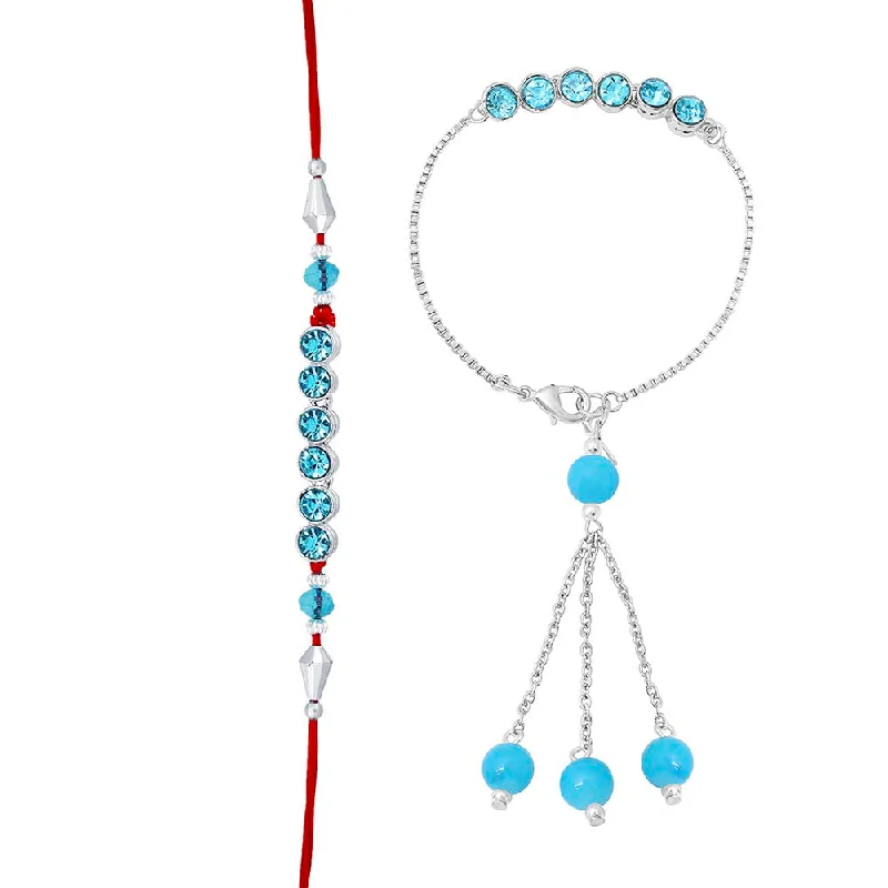 Shop Signature Jewelry Styles At Exclusive Prices Mahi Rhodium Plated Blue Crystals Rakhi Combo for Bhaiya and Bhabhi (RCOL1105337M)